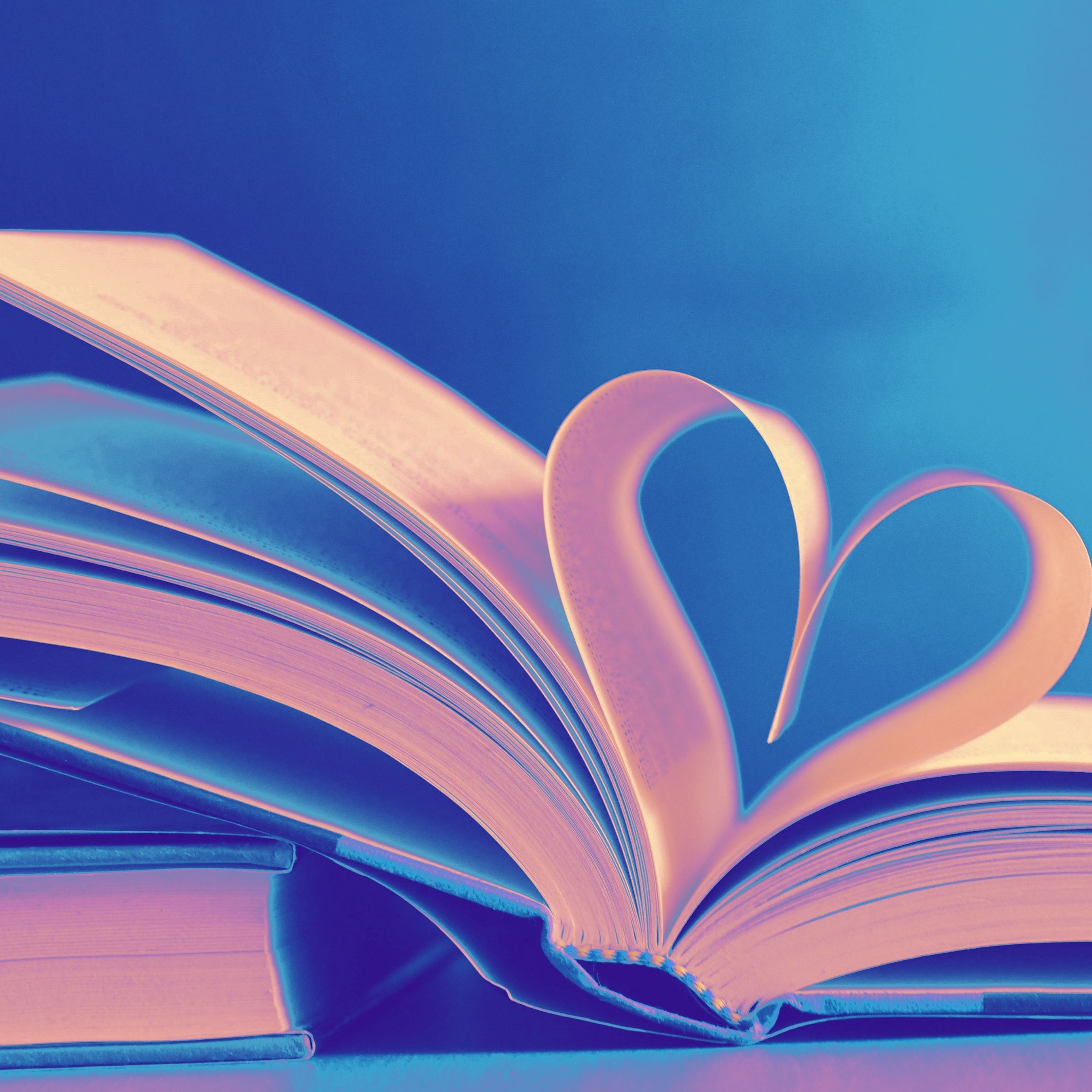 A duotone photograph of an open book, its pages caught mid-turn and curling into a heart shape, lit in pink and blue.